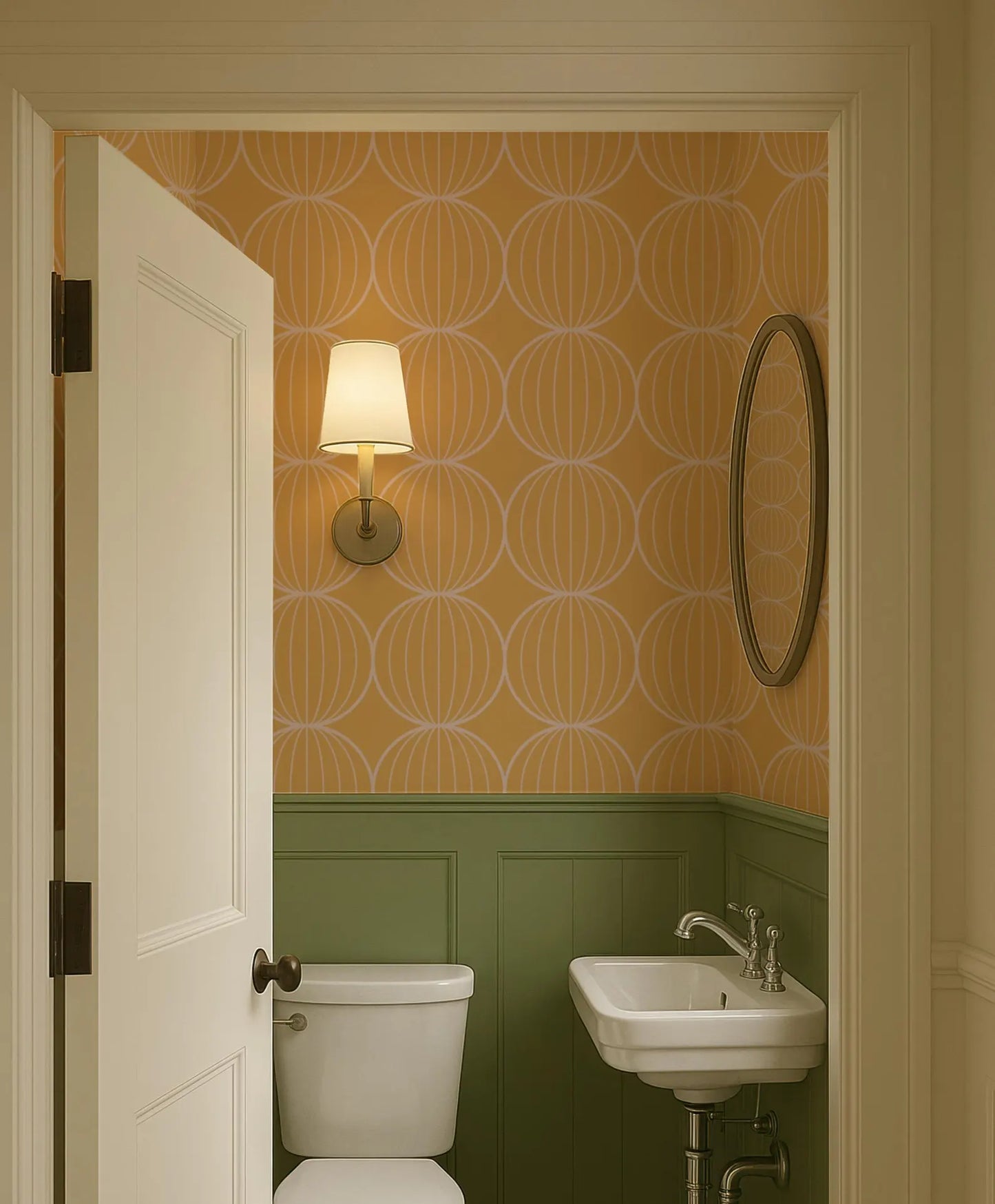a bathroom with a white toilet, sink, and a mirror above the sink. The walls are covered in a patterned wallpaper with a repeating design of circles and lines. The door is open, revealing the bathroom interior.