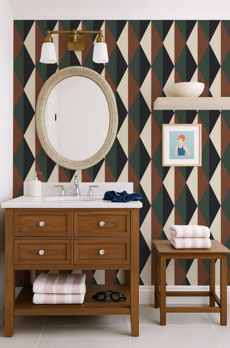 a bathroom with a wooden vanity, a round mirror, and a colorful geometric patterned wallpaper. The vanity has a sink and a mirror above it, and there is a small table next to the vanity. The walls are covered in a patterned wallpaper, and there is a framed picture hanging on the wall.