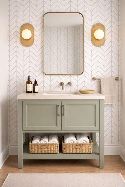 a bathroom with a green vanity cabinet, a mirror, and a light fixture above the mirror. The vanity cabinet has two drawers below it, and there are two baskets on the floor next to the cabinet. The walls are covered in a white and gray chevron pattern, and there are two light fixtures on the wall.