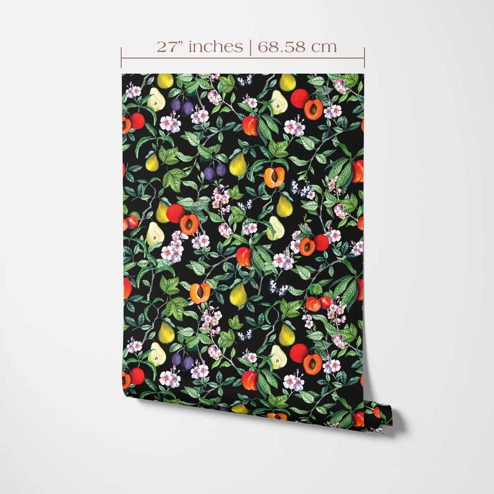 a vibrant and colorful pattern of various fruits and flowers on a black background.