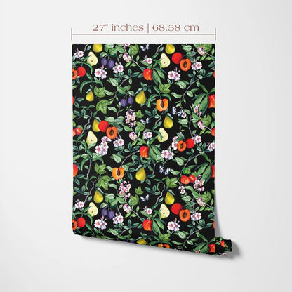 a vibrant and colorful pattern of various fruits and flowers on a black background.