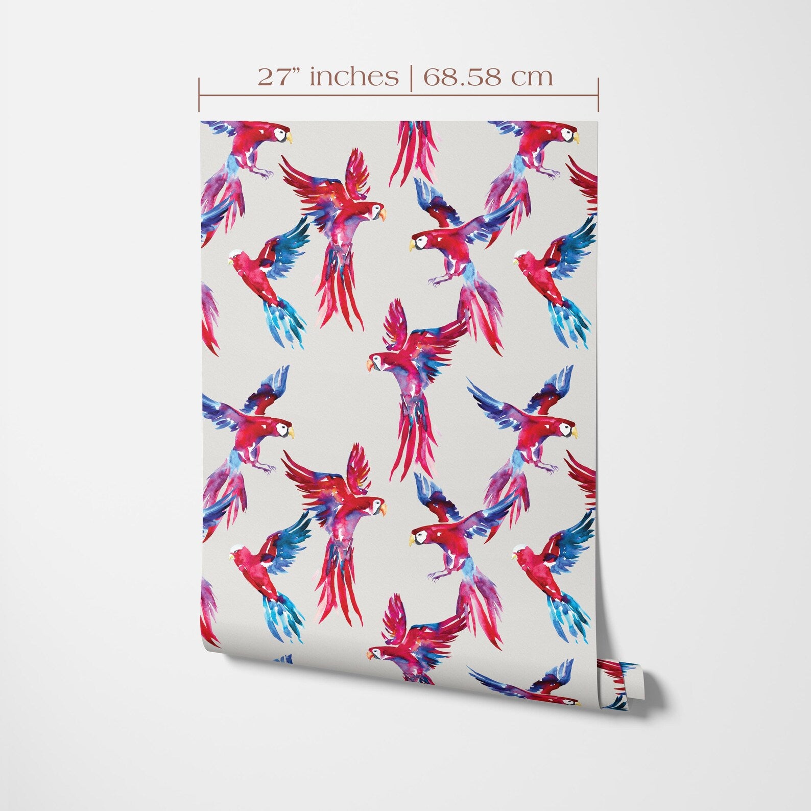 a repeating pattern of colorful parrots in various poses, creating a vibrant and lively design.