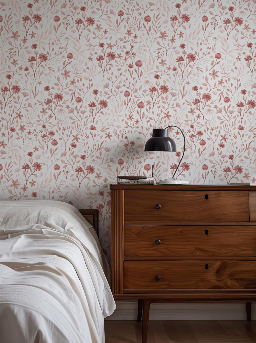 a bedroom scene with a bed, a wooden dresser, and a lamp on the dresser. The wall behind the bed has a floral wallpaper pattern.