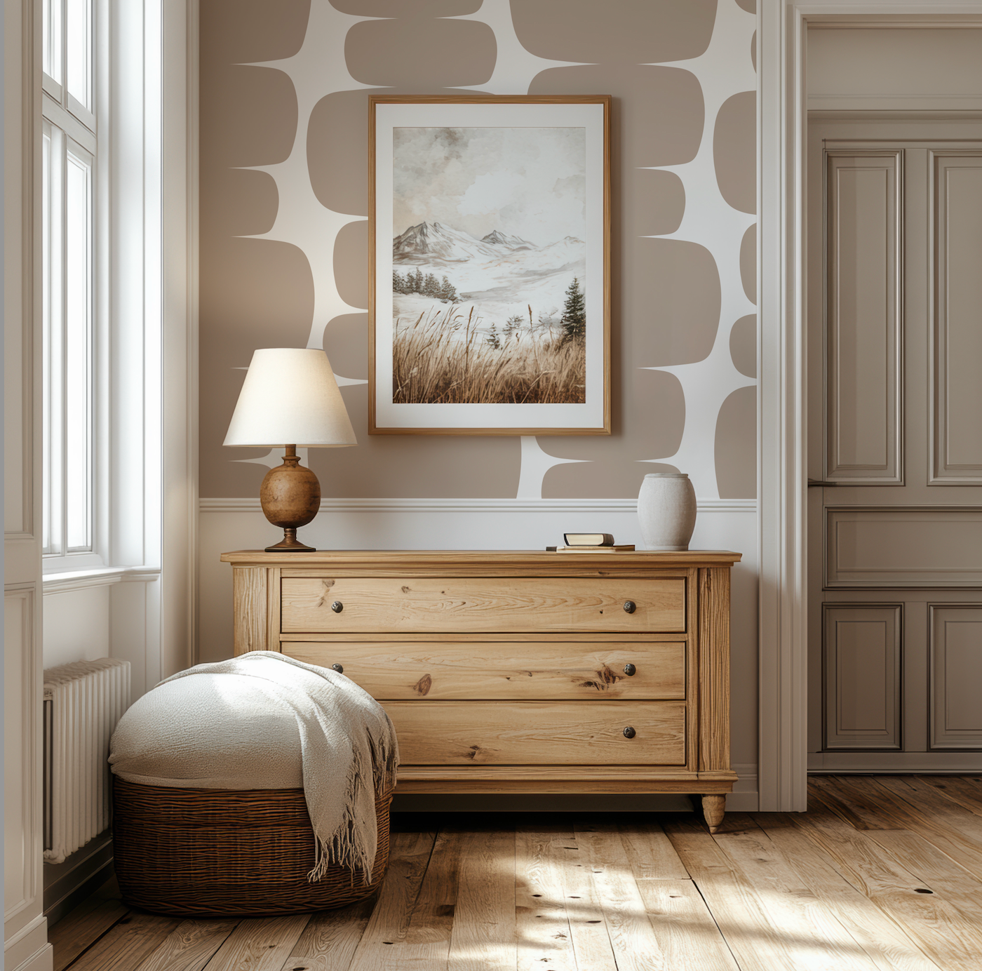 a bedroom with a dresser and a painting on the wall