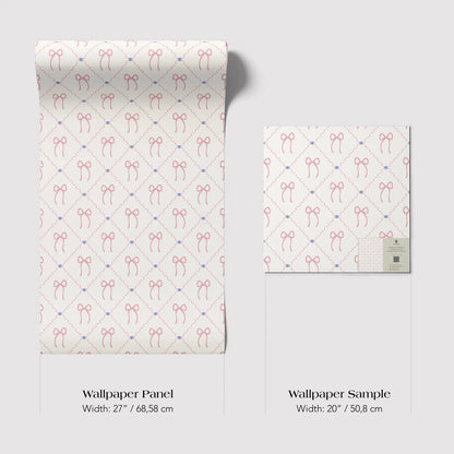 two identical rolls of wallpaper with a repeating pattern of red bows on a white background.