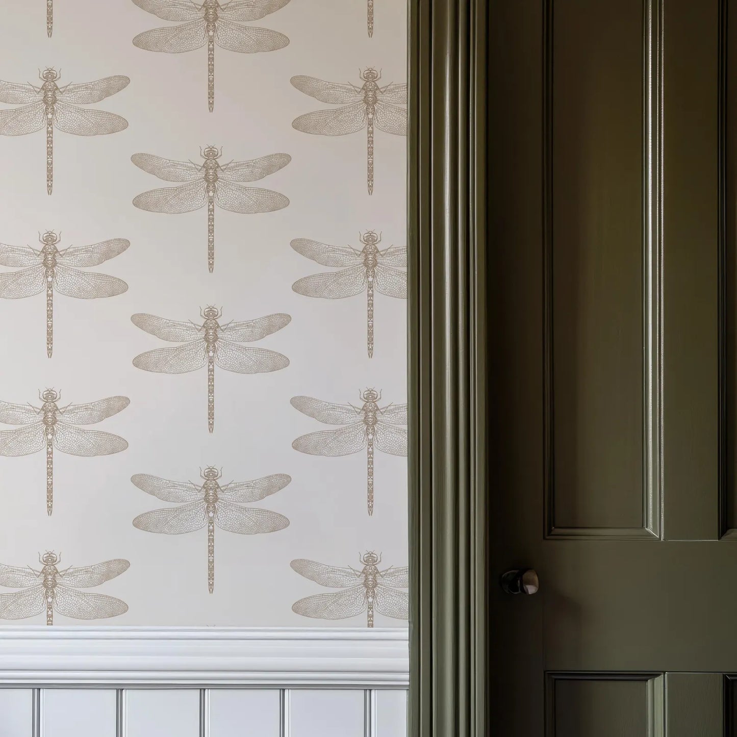 a wall with a repeating pattern of dragonflies, creating a visually striking and intricate design. The wall is painted in a light color, which complements the dragonfly pattern. The dragonfly pattern is also present on the door, adding a unique touch to the overall design.