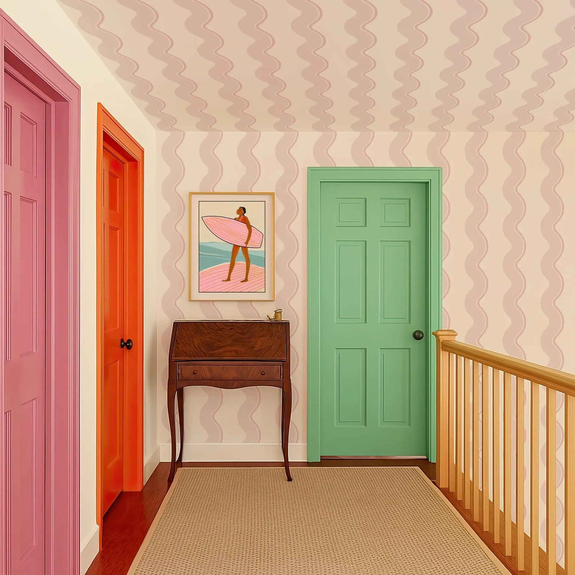 a hallway with a wooden desk, a green door, and a pink door. The hallway has a colorful and vibrant atmosphere, with the walls and doorways painted in various shades of pink, green, and orange.