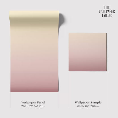 two samples of a wallpaper panel with a gradient color scheme, ranging from a pale yellow to a light pink to a darker pink. The text provides the widths of the samples in centimeters, with the left sample being wider at 27 cm and the right sample being wider at 50 cm.