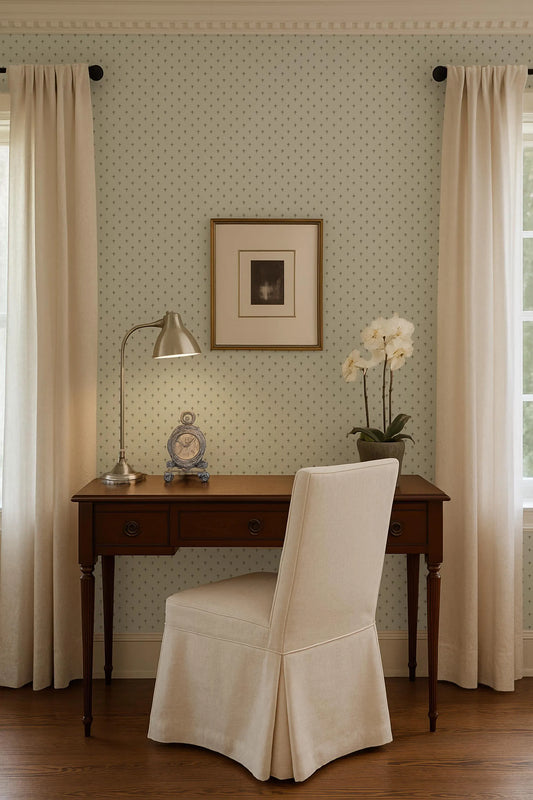 a cozy workspace with a wooden desk, a white chair, a lamp, a clock, and a framed picture on the wall.