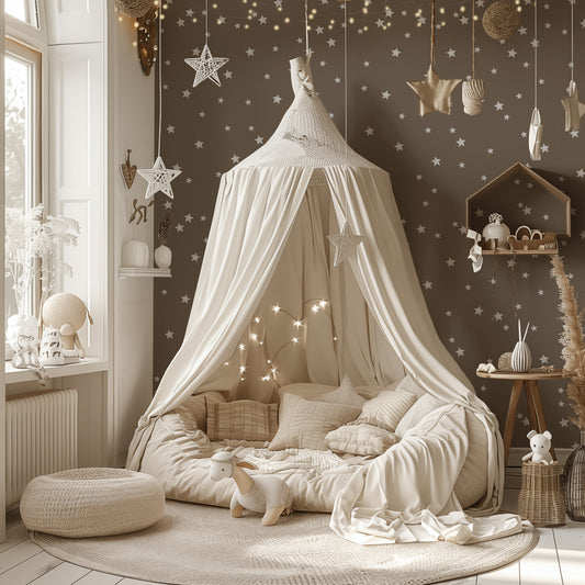 a canopy bed in a child's room with stars on the wall