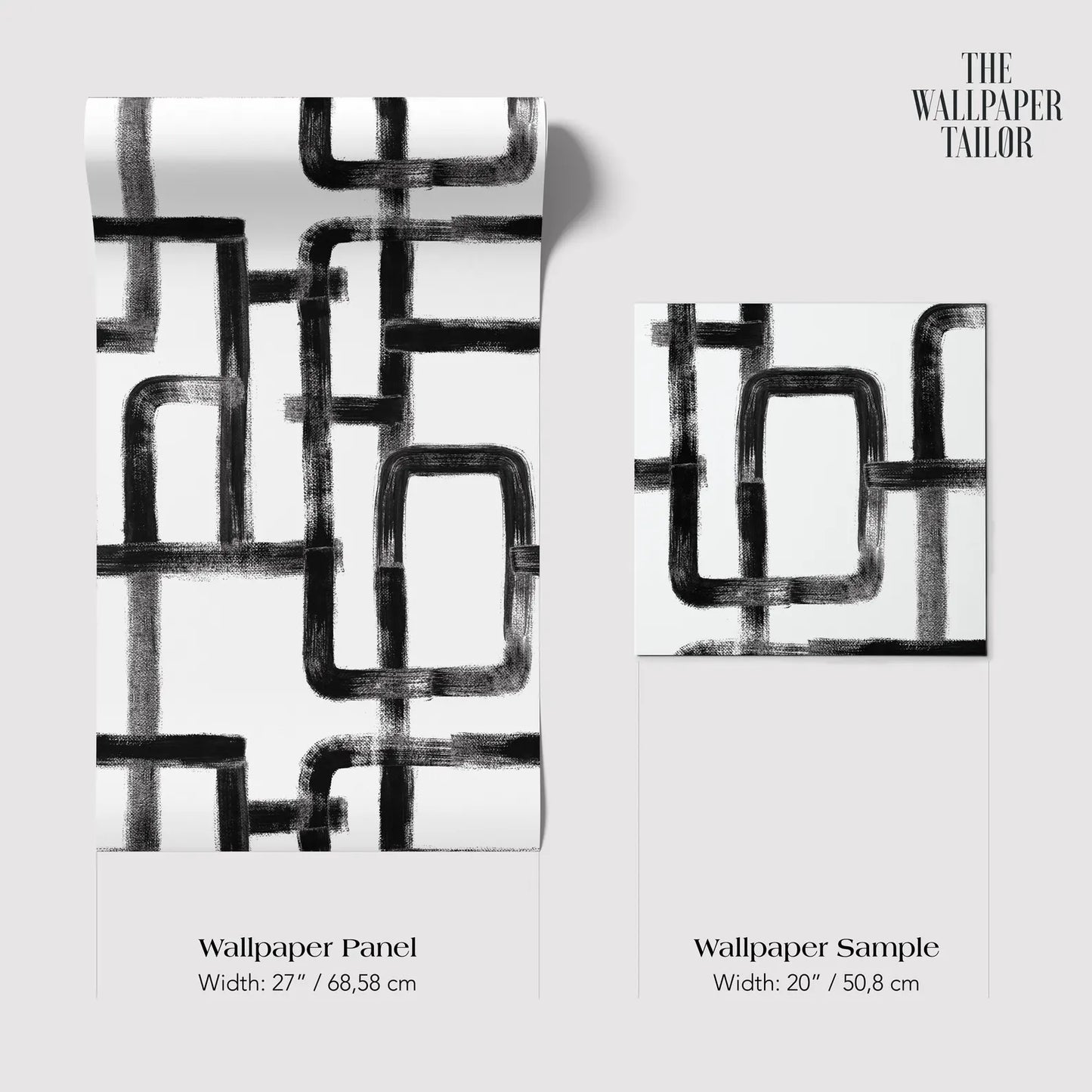 two different sizes of a black and white abstract design, which appears to be a wallpaper panel and a wallpaper sample.