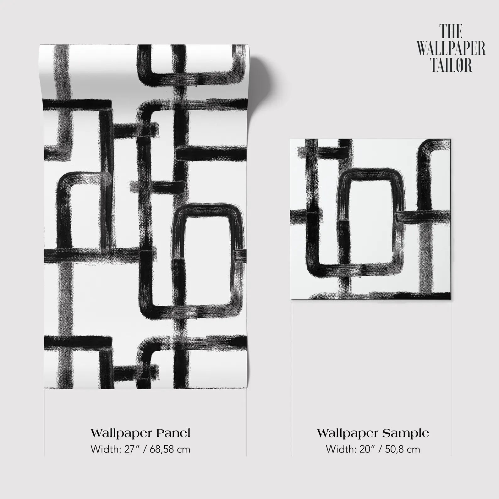 two different sizes of a black and white abstract design, which appears to be a wallpaper panel and a wallpaper sample.