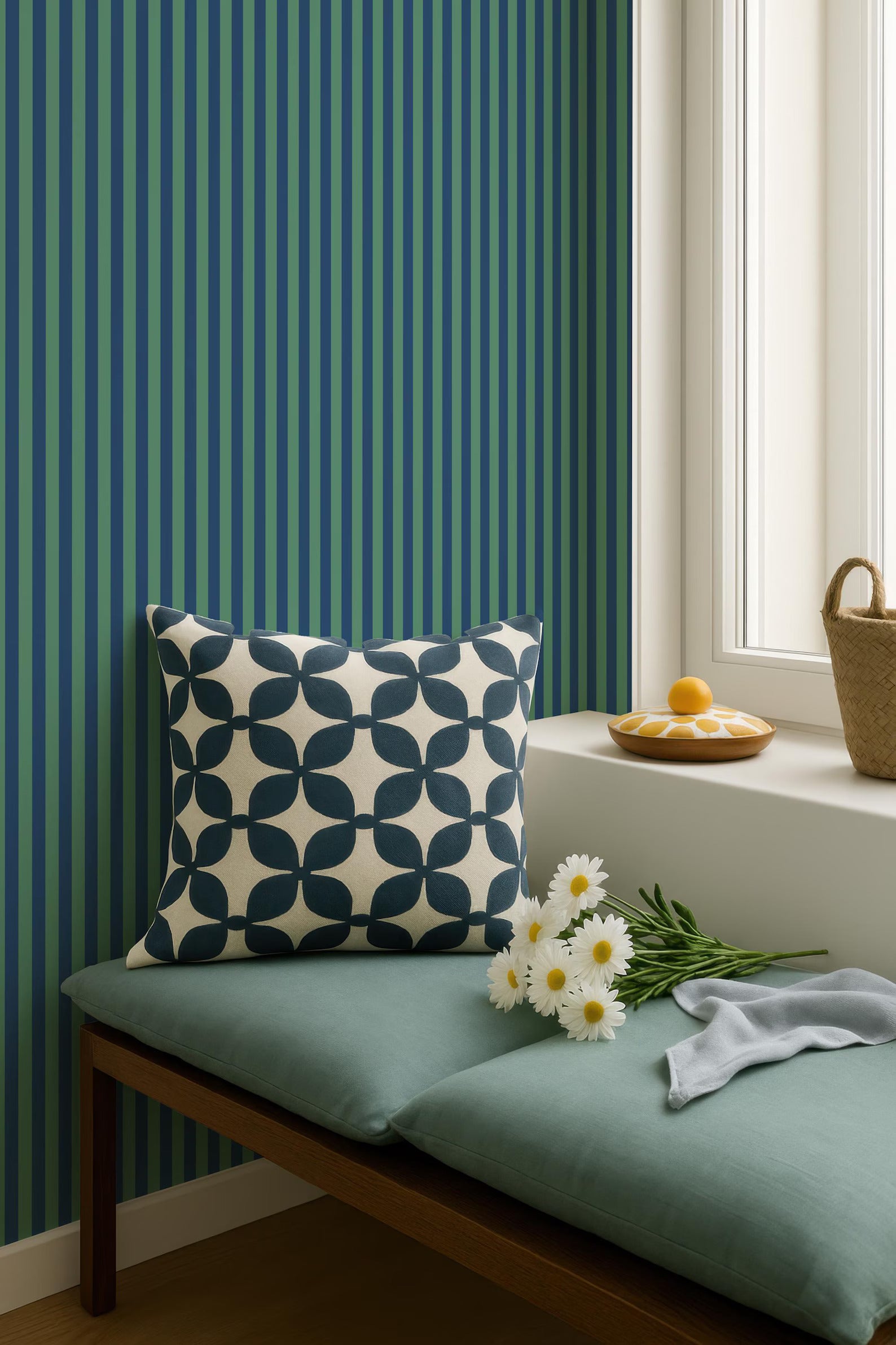 a cozy corner with a blue and white patterned pillow, a bouquet of white daisies, and a basket of fruit on a windowsill. The backdrop is a striped blue and green wall, and there is a window with a white frame.