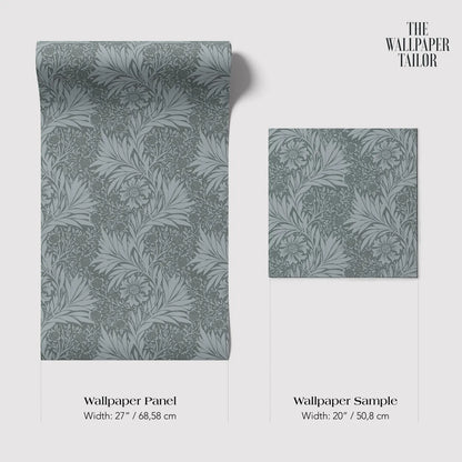 two different wallpaper samples with a repeating floral pattern in shades of gray. The text provides information about the width of the wallpaper panels and the wallpaper sample.