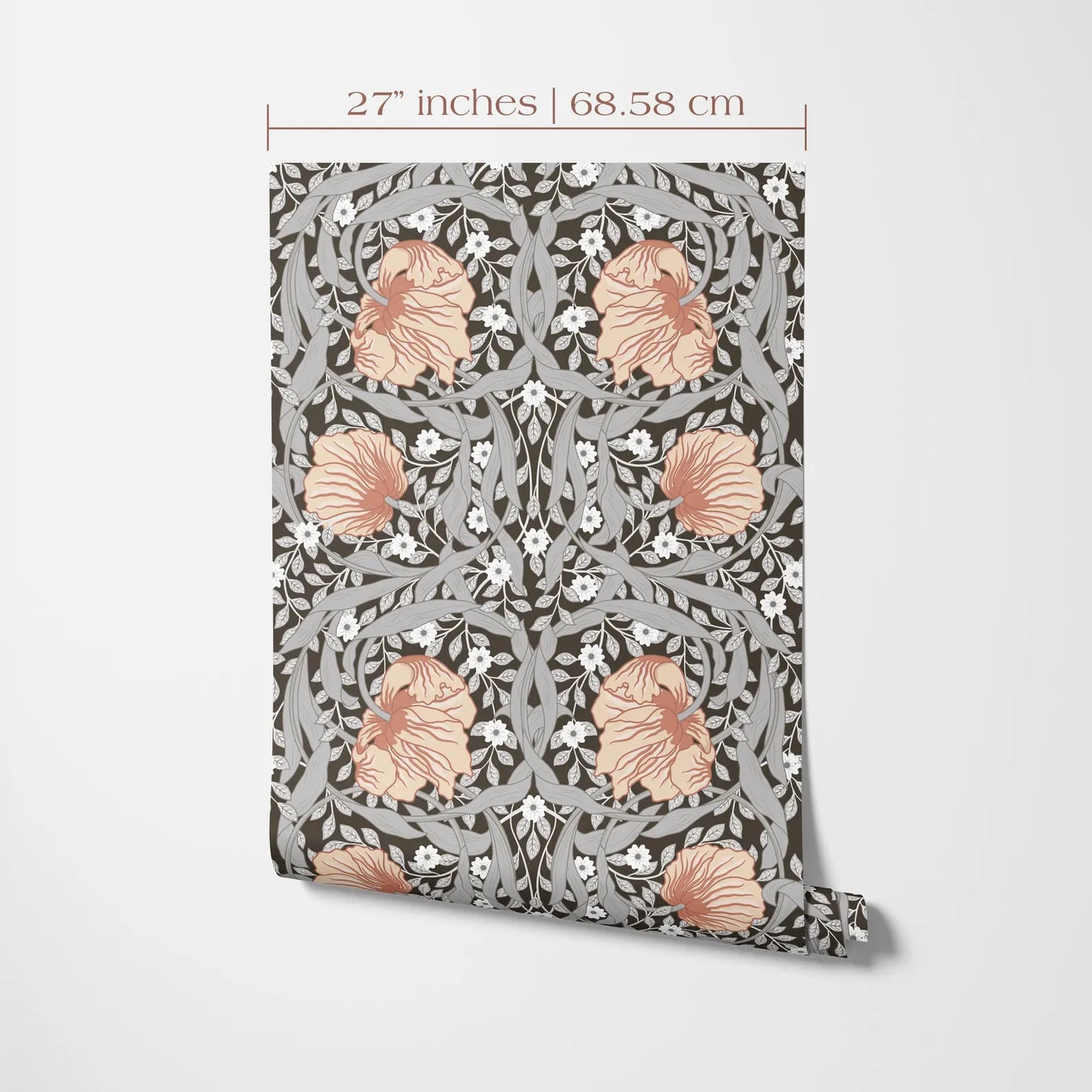 a decorative wallpaper pattern with a floral design featuring orange and white flowers against a dark background.