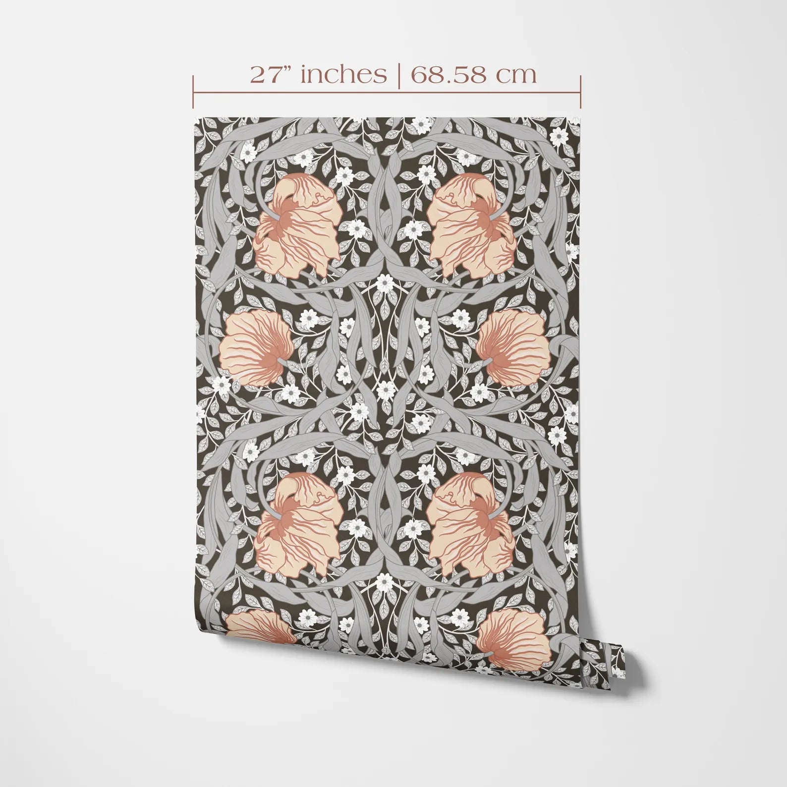 a decorative wallpaper pattern with a floral design featuring orange and white flowers against a dark background.