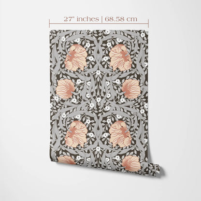 a decorative wallpaper pattern with a floral design featuring orange and white flowers against a dark background.