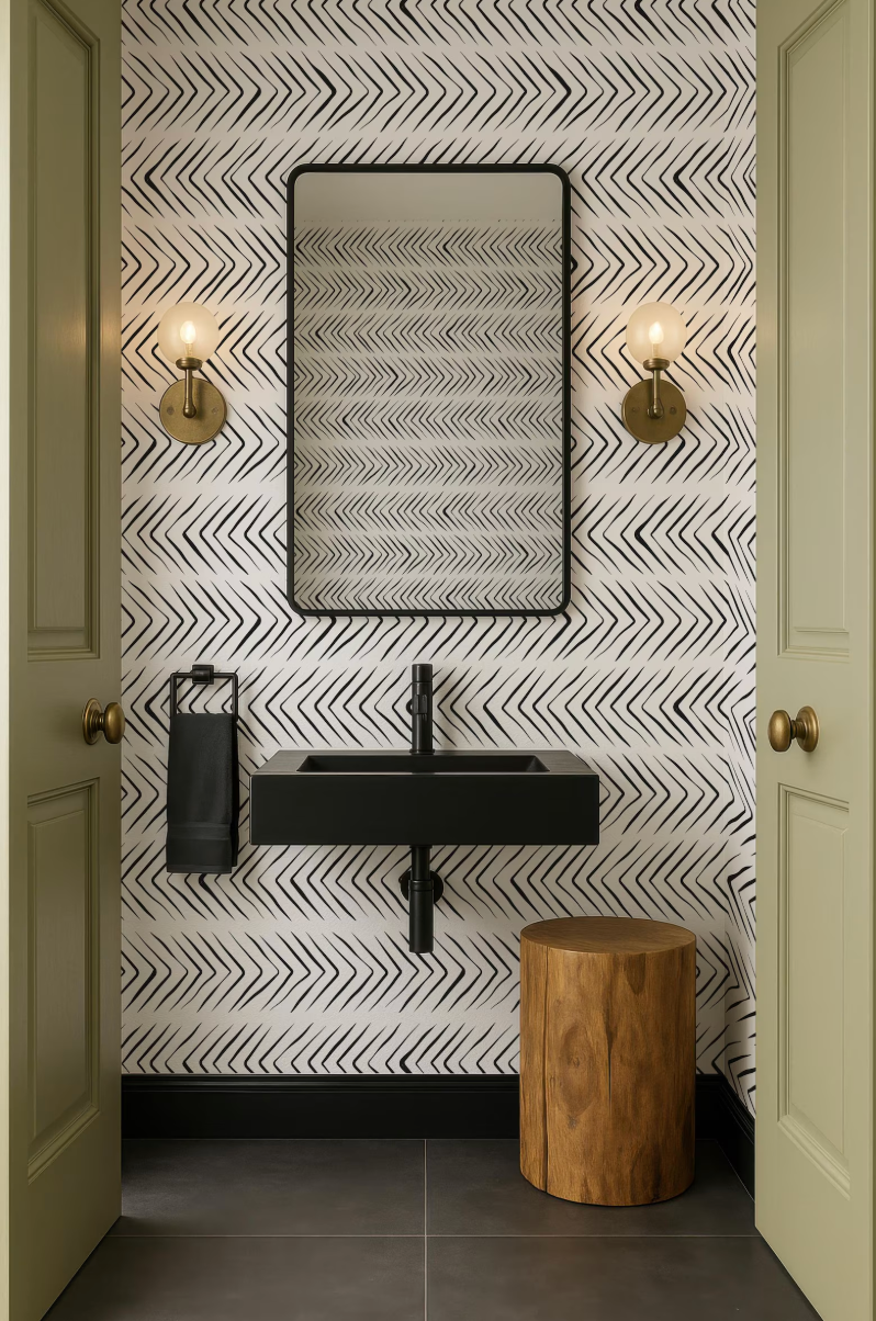 a bathroom with a black sink, a mirror, and two wall sconces. The walls are covered in a black and white zigzag pattern, and the floor is made of gray tiles. There is also a wooden stool in the corner of the room.
