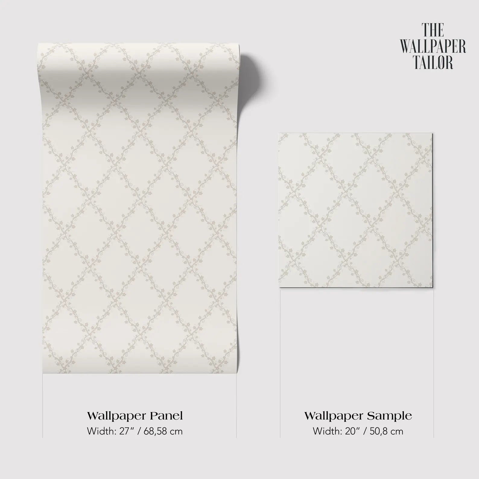 two rolls of wallpaper with a repeating diamond pattern, along with their respective widths and sizes.