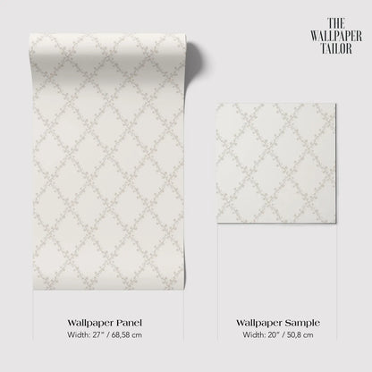 two rolls of wallpaper with a repeating diamond pattern, along with their respective widths and sizes.