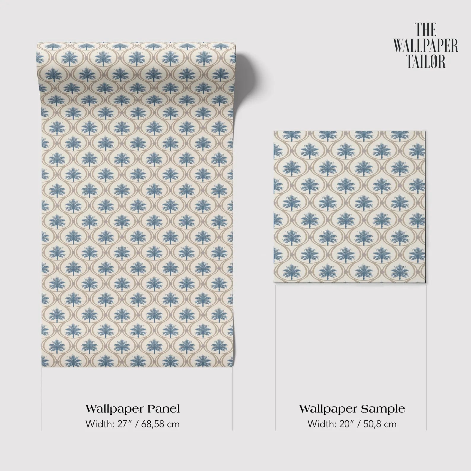 a wallpaper panel and a wallpaper sample, both featuring a repeating pattern of blue and white flowers or leaves.