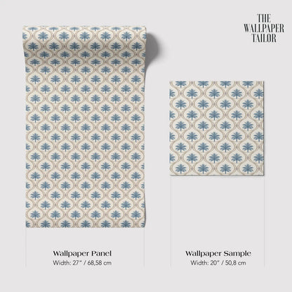 a wallpaper panel and a wallpaper sample, both featuring a repeating pattern of blue and white flowers or leaves.