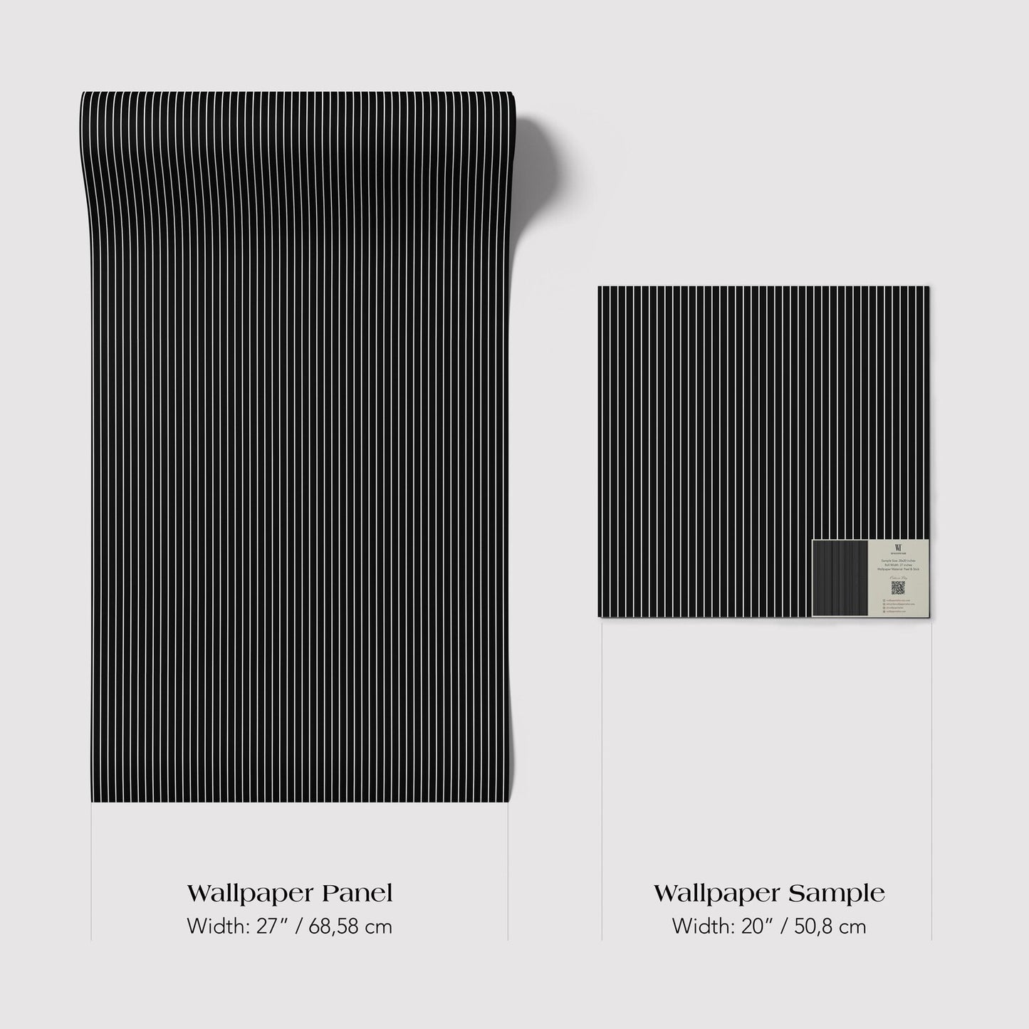 two different sizes of a black and white striped wallpaper panel, with the text providing information about the width of each panel.