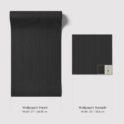 two different sizes of a black and white striped wallpaper panel, with the text providing information about the width of each panel.