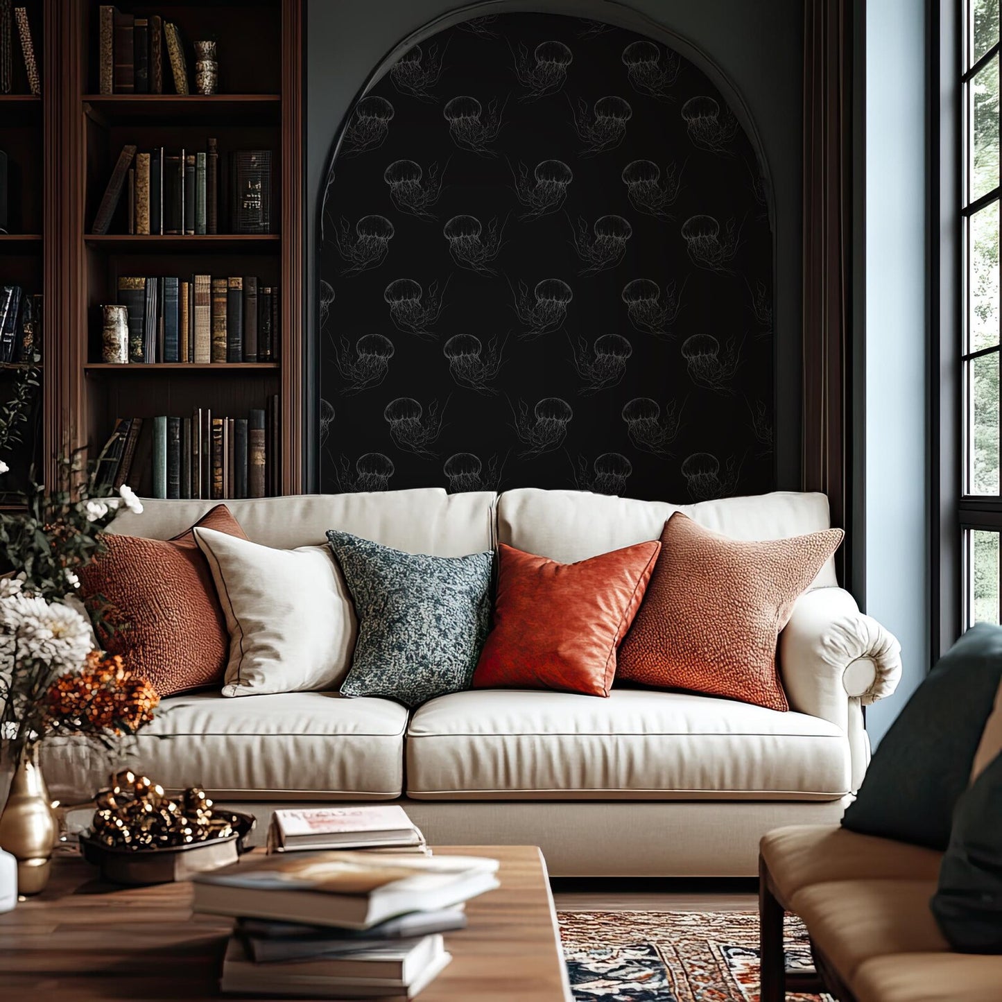 a cozy living room with a white sofa adorned with colorful throw pillows, a wooden coffee table, and a bookshelf filled with books. The room has a dark, moody atmosphere with a black and white patterned wallpaper, and a large arched window that allows natural light to enter the space.