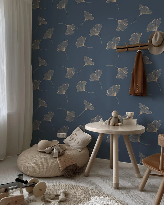 a child's room with a blue wall and white floor