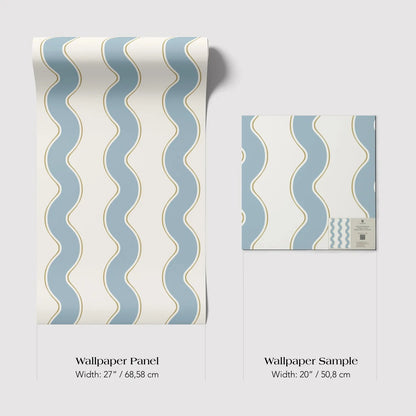 two wallpaper samples with a similar wavy pattern in blue and white colors. The text indicates the width of each sample, with the larger sample measuring 27 inches (68.58 cm) and the smaller sample measuring 20 inches (50.08 cm).