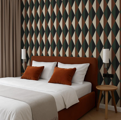 a modern bedroom with a large bed, a wooden nightstand, and a geometric patterned wallpaper.