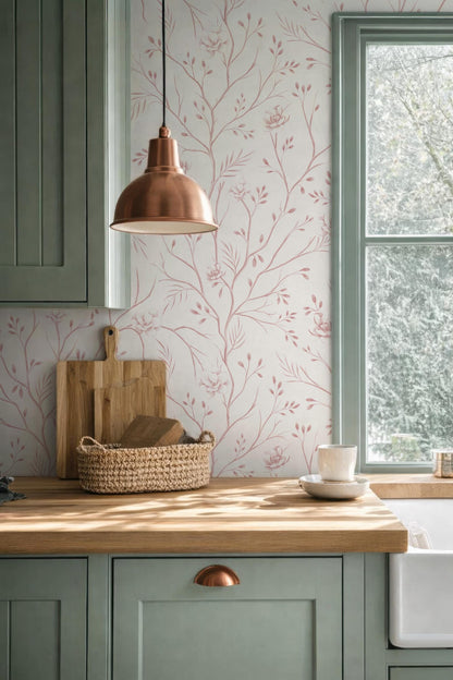 a cozy kitchen scene with a wooden countertop, a woven basket, a wooden cutting board, and a copper pendant light. The kitchen has green cabinets and a window with a view of trees outside.