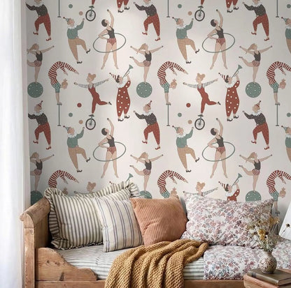 a wallpapered wall with a repeating pattern of circus performers, including acrobats, jugglers, and clowns, depicted in various poses and actions.