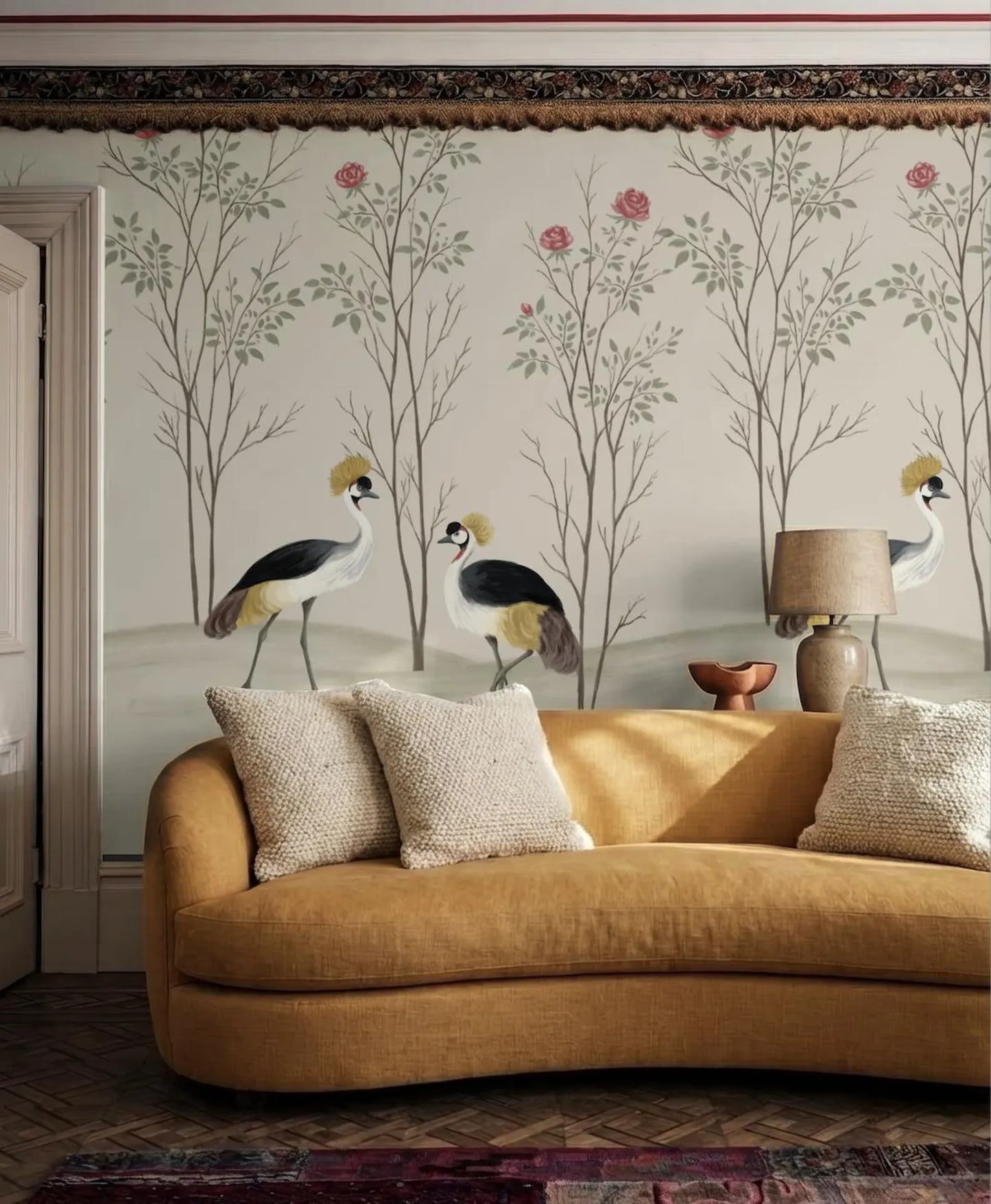 a living room with a yellow sofa, a lamp, and a wallpapered wall with a floral design.