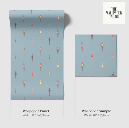 two different wallpaper samples with a repeating pattern of colorful swimming figures. The text provides the dimensions of the wallpaper panels and the wallpaper sample, which are both 20 inches wide.