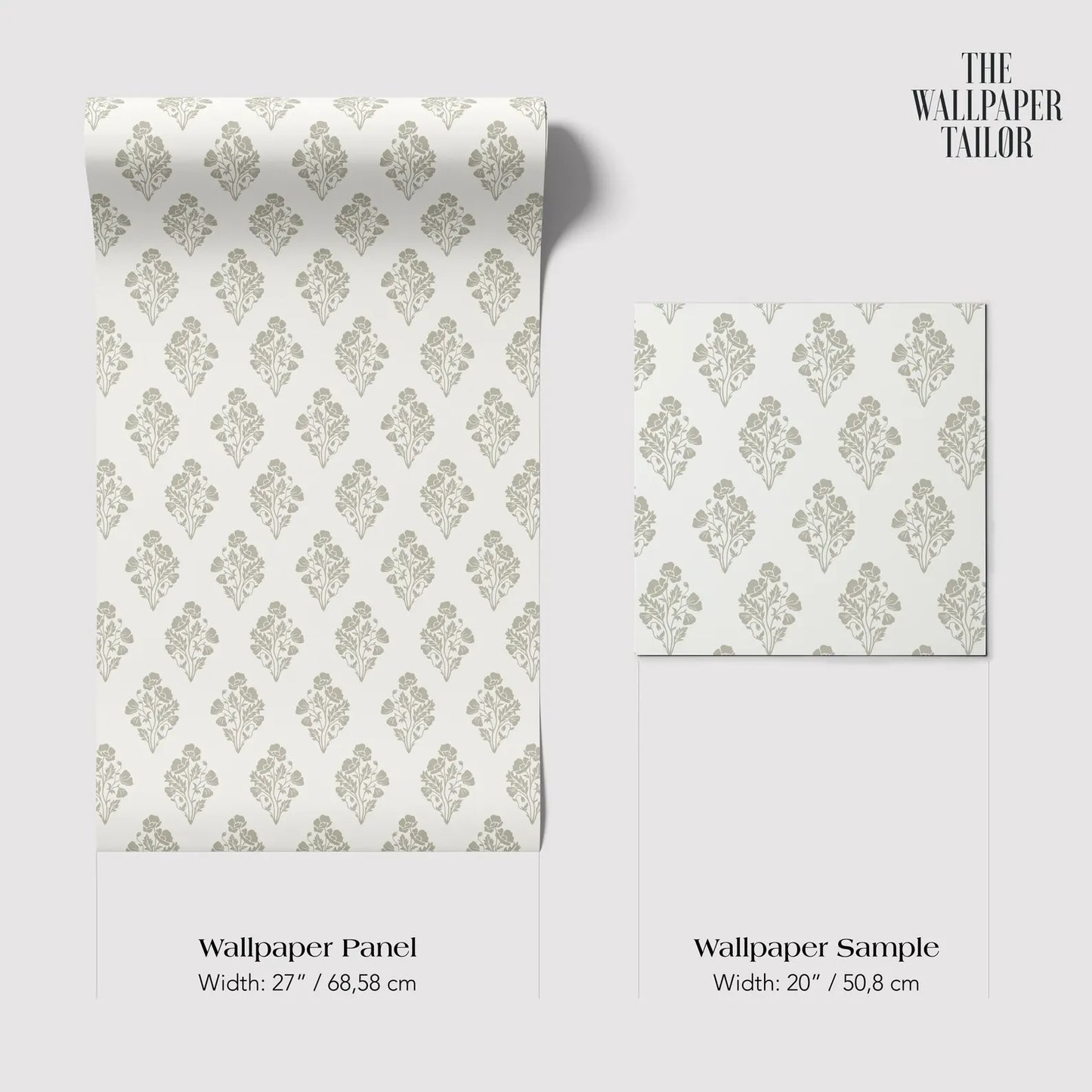 two identical rolls of wallpaper with a repeating pattern of flowers or leaves on a white background. The text indicates that the wallpaper is a wallpaper panel with a width of 27 inches (68.58 cm) and a wallpaper sample with a width of 20 inches (50.8 cm).