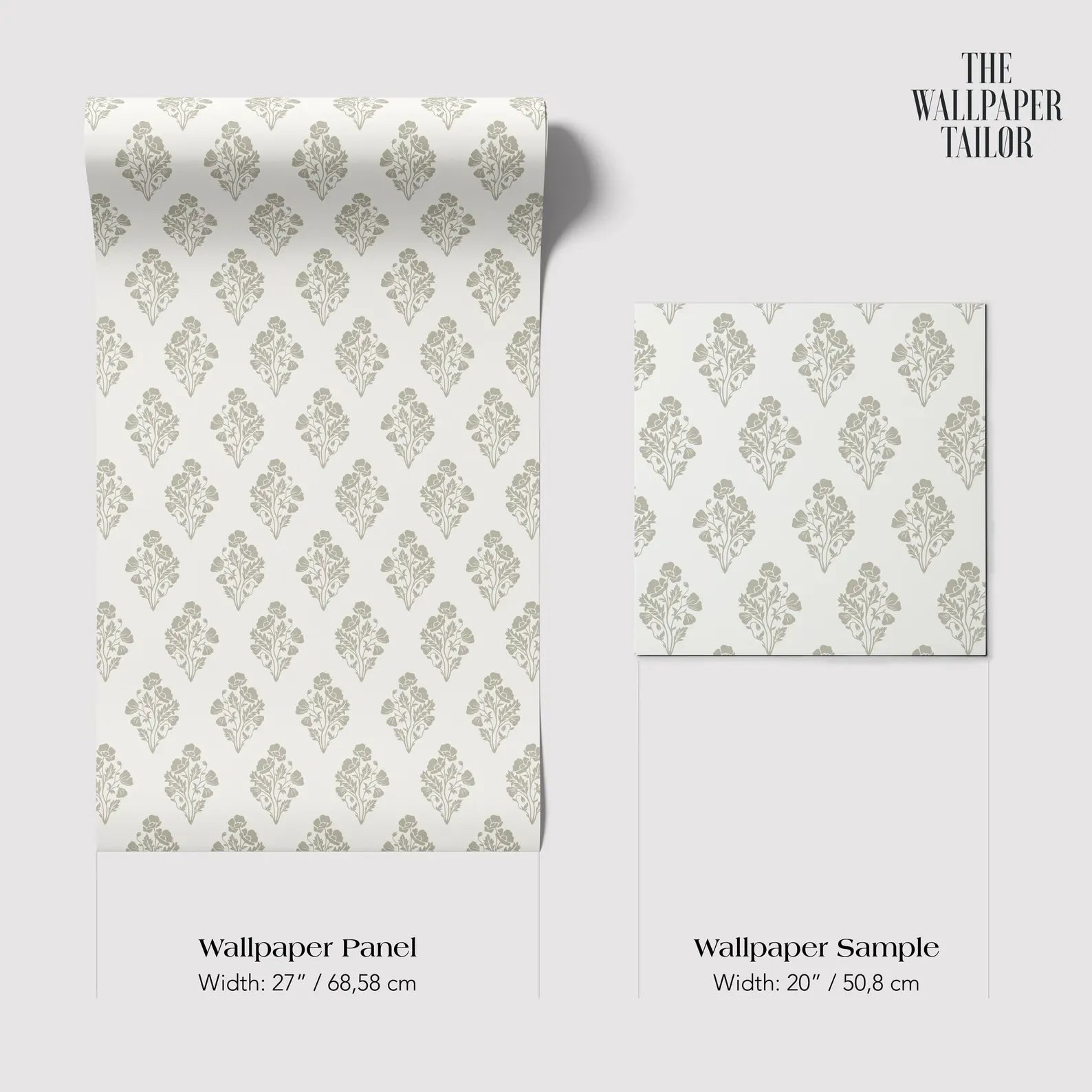 two identical rolls of wallpaper with a repeating pattern of flowers or leaves on a white background. The text indicates that the wallpaper is a wallpaper panel with a width of 27 inches (68.58 cm) and a wallpaper sample with a width of 20 inches (50.8 cm).