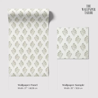 two identical rolls of wallpaper with a repeating pattern of flowers or leaves on a white background. The text indicates that the wallpaper is a wallpaper panel with a width of 27 inches (68.58 cm) and a wallpaper sample with a width of 20 inches (50.8 cm).