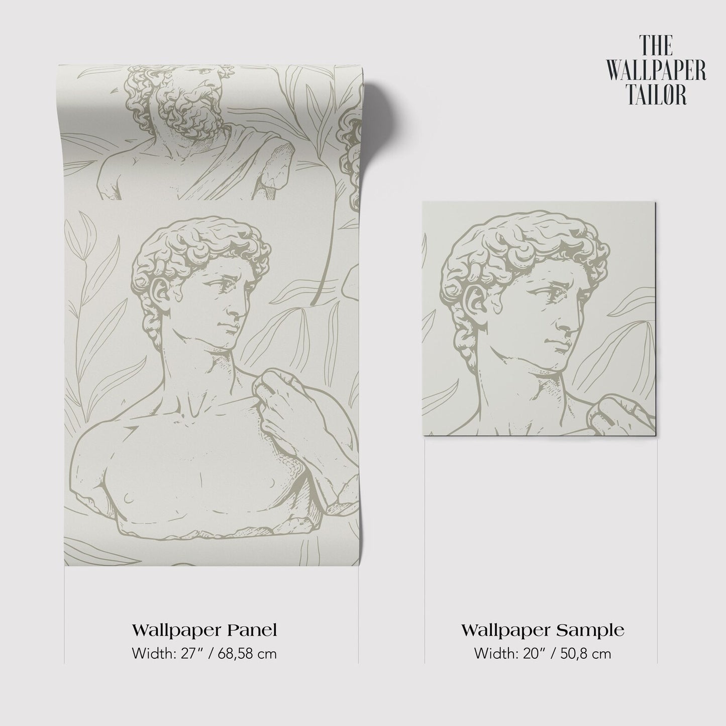 The image is a wallpaper panel and a wallpaper sample, both featuring a classical drawing of a man.