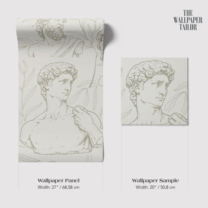 The image is a wallpaper panel and a wallpaper sample, both featuring a classical drawing of a man.
