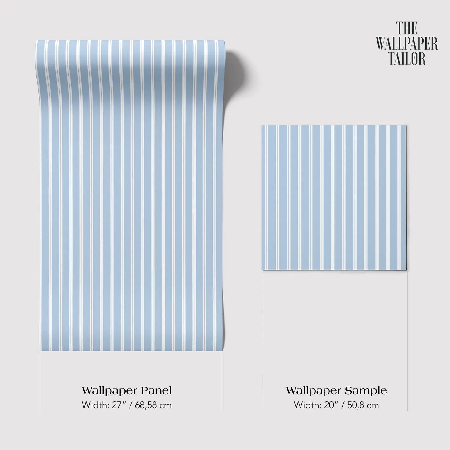 a roll of blue and white striped wallpaper with dimensions of 27 inches by 68.58 centimeters and 20 inches by 50.8 centimeters.