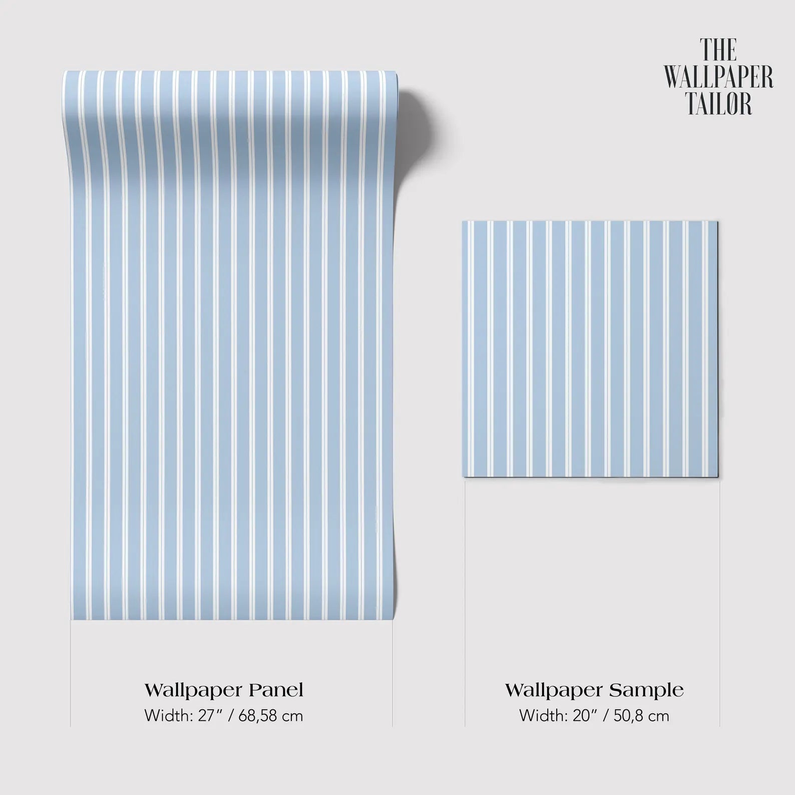 a roll of blue and white striped wallpaper with dimensions of 27 inches by 68.58 centimeters and 20 inches by 50.8 centimeters.