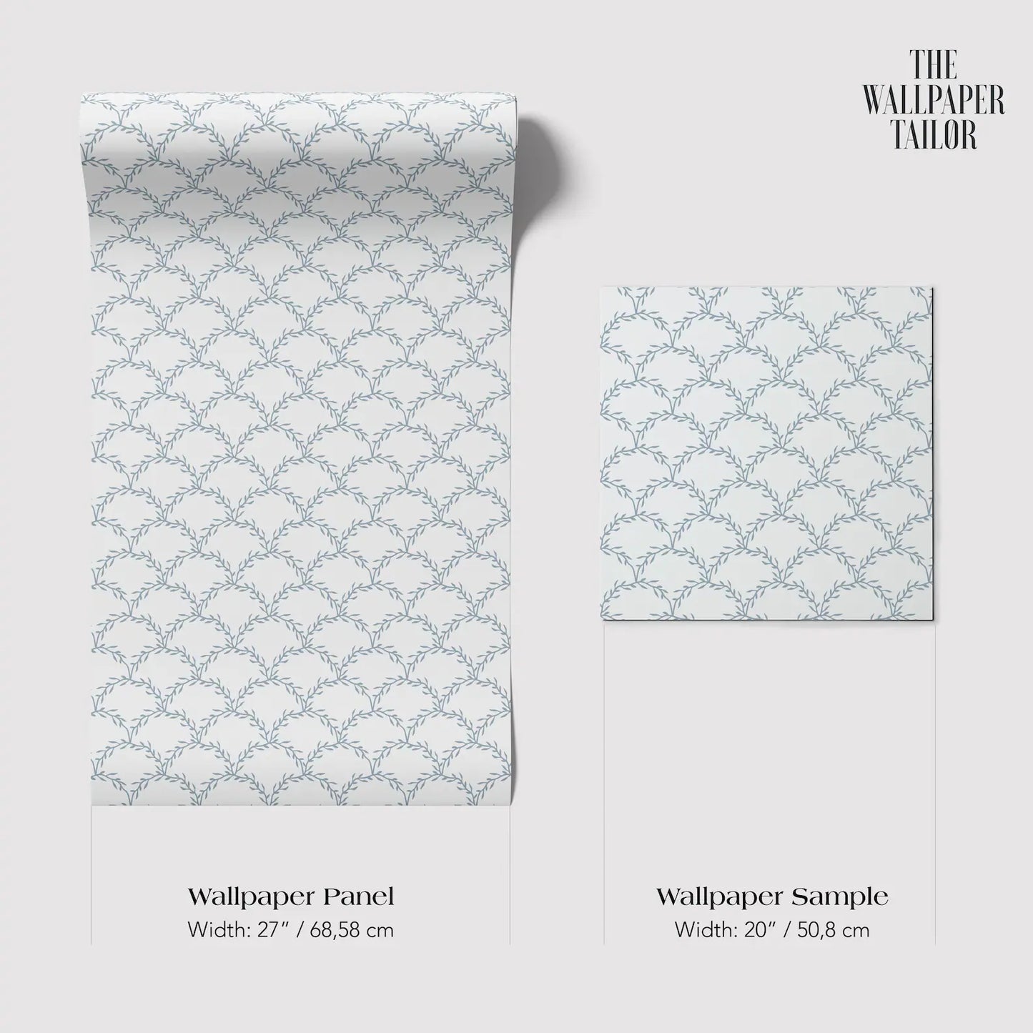two different wallpaper samples with a repeating pattern of blue and white flowers or leaves. The text provides the widths of the wallpaper panels and the wallpaper sample, which are both 20 inches wide.