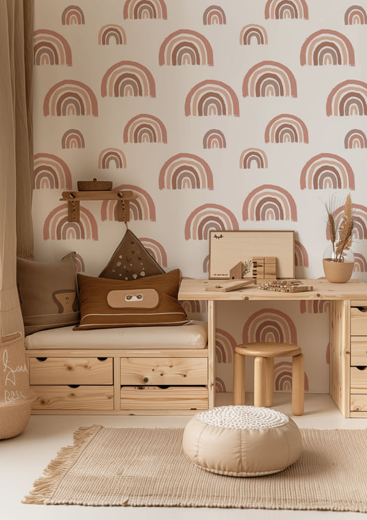 a child's room with a desk, stool, and wallpaper