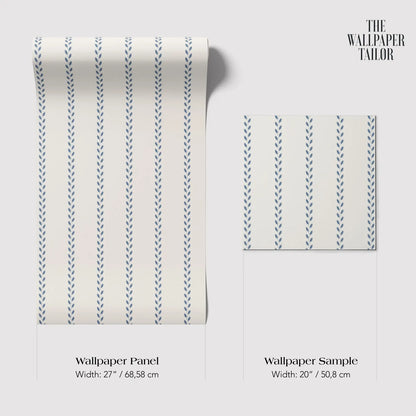two different wallpaper samples with a striped pattern. The first sample is a wallpaper panel with a width of 27 inches (68.58 cm) and the second sample is a wallpaper sample with a width of 20 inches (50.8 cm).