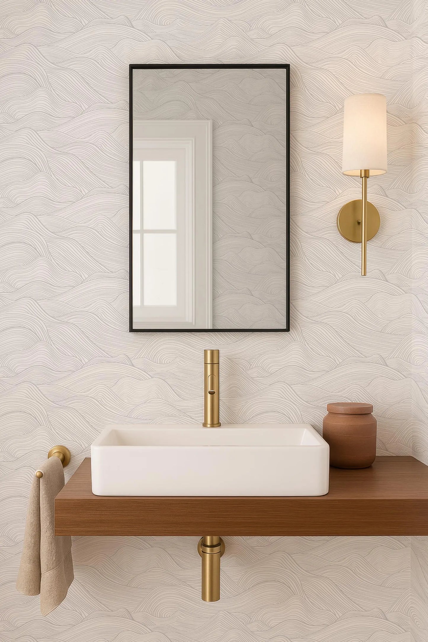 a modern bathroom with a white rectangular sink, a gold faucet, and a black framed mirror above it. The sink is placed on a wooden shelf, and there is a small brown vase on the shelf as well. The bathroom has a minimalist and elegant design, with a white and gold color scheme.