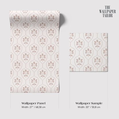 two identical rolls of wallpaper with a repeating floral pattern.