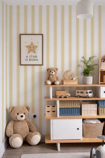 a cozy and well-organized nursery or child's room with a wooden bookshelf, a teddy bear, and a framed wall art.