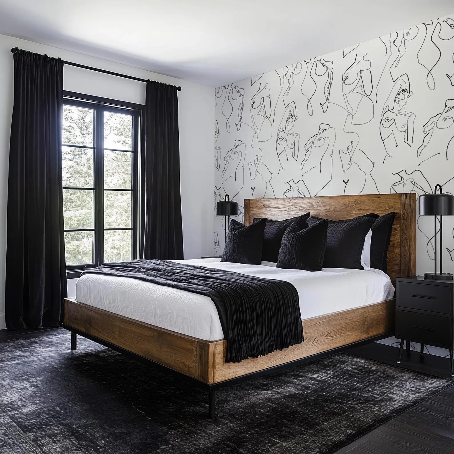 a modern bedroom with a large bed, dark curtains, and a black and white abstract wall art design.